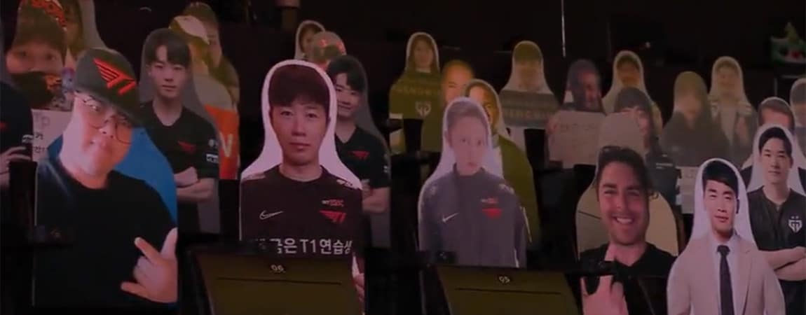 Korean League of Legends LCK finals play out in Seoul’s empty LoL Park stadium with cardboard cutouts of fans and staff in the stands