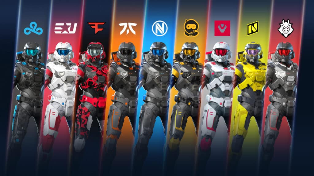 Graphic showcasing all 9 of the HCS Partnered Teams and their new armor coatings with each team's logo above the Spartan.