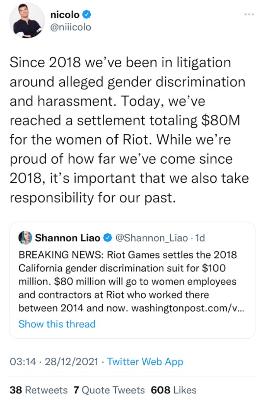 nicolo tweet on gender lawsuit