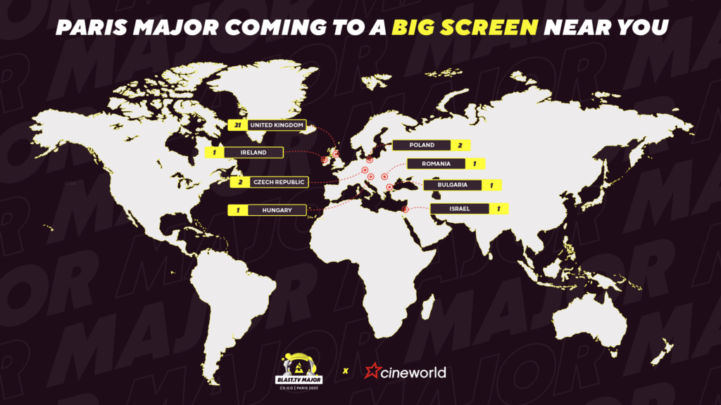 Global map highlighting cineworld paris major viewing locations