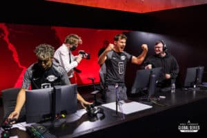 coldjyn celebrates with the JLingz esports team after winning three games in a row at the ALGS 2023 Split 2 Playoffs