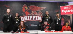 Barnsley College: Oliver Connolly, Esports Tutor; Connor Everard, Physical Education Specialist at Grassroots Sports Academy; Esports students Beth Lambert then Charlie Shepard and Chris Newton