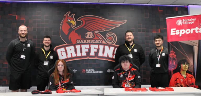 Barnsley College: Oliver Connolly, Esports Tutor; Connor Everard, Physical Education Specialist at Grassroots Sports Academy; Esports students Beth Lambert then Charlie Shepard and Chris Newton