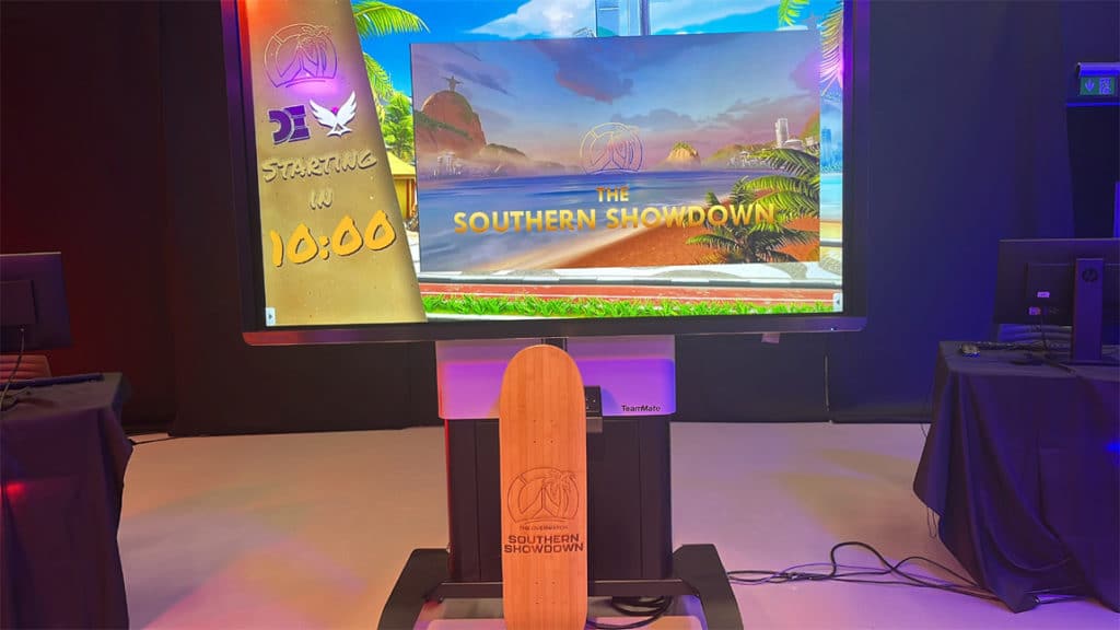 Chi Uni Overwatch Southern Showdown trophy and graphic. Photo by Sebastian Landless