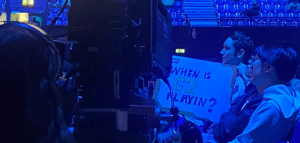 "When is G2 Playing?" says one of the crowd signs at Blast Premier Spring Final 2024