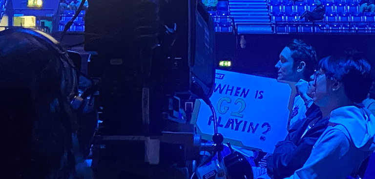 "When is G2 Playing?" says one of the crowd signs at Blast Premier Spring Final 2024