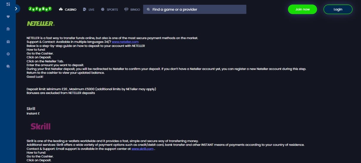 Jeffbet Payment Methods