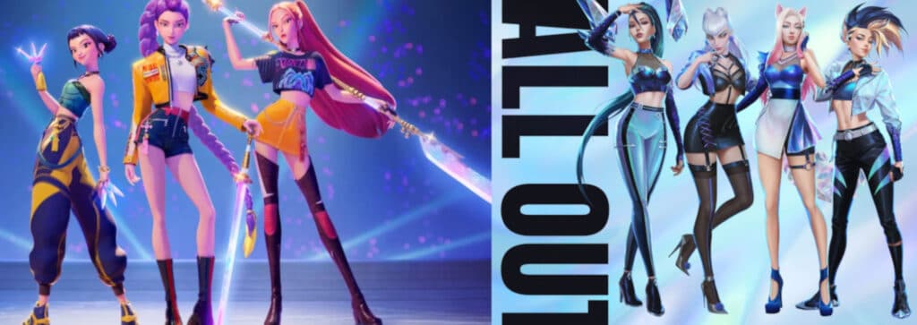 Artwork from League of Legends K/DA and Netflix's Kpop Demon Hunters
