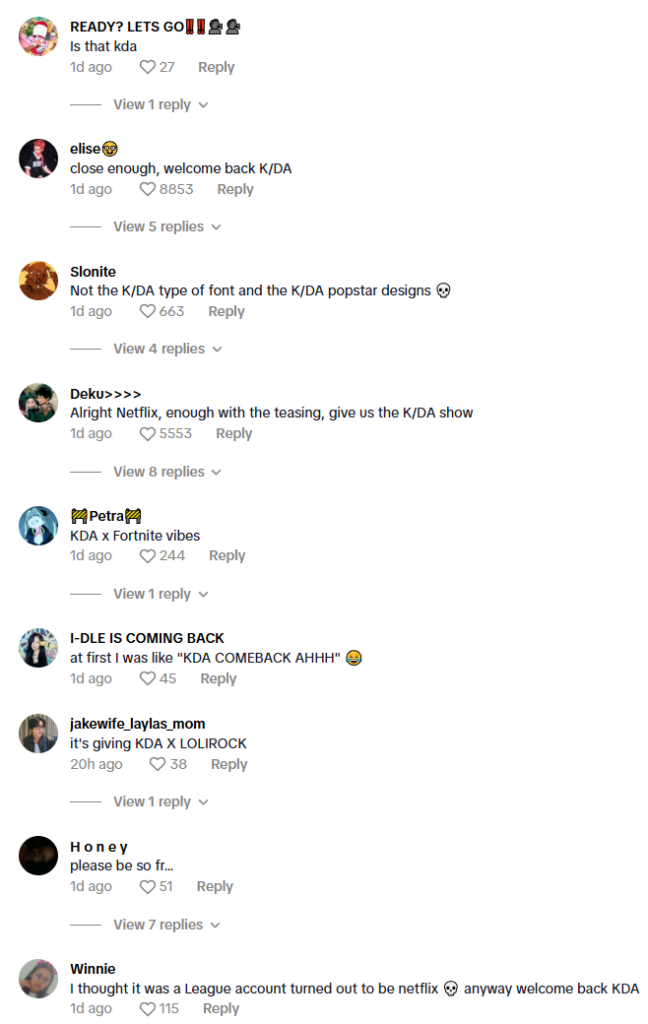 TikTok comments comparing Kpop Demon Hunters and K/DA