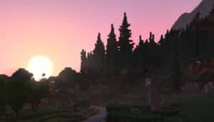 The sun sets over Hytale's woodland environment, with hues of pink and yellow spreading across the sky.
