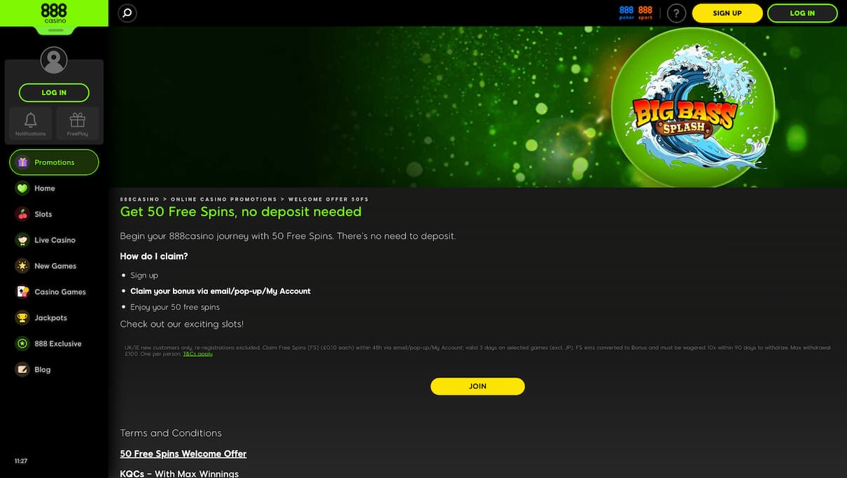 888Casino 50 Free Spins No Deposit