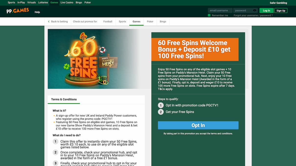 Paddy Power Casino Welcome Bonus