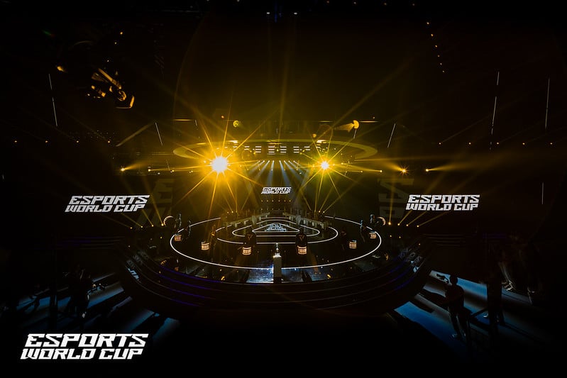 Valorant EWC stage for 2025, lit with gold lights