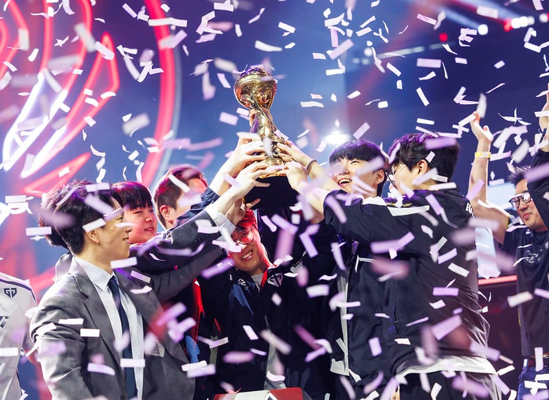 Gen.G Esports World Cup hopes are on a high - image shows Gen.G lifting the MSI 2025 trophy surrounded by confetti.