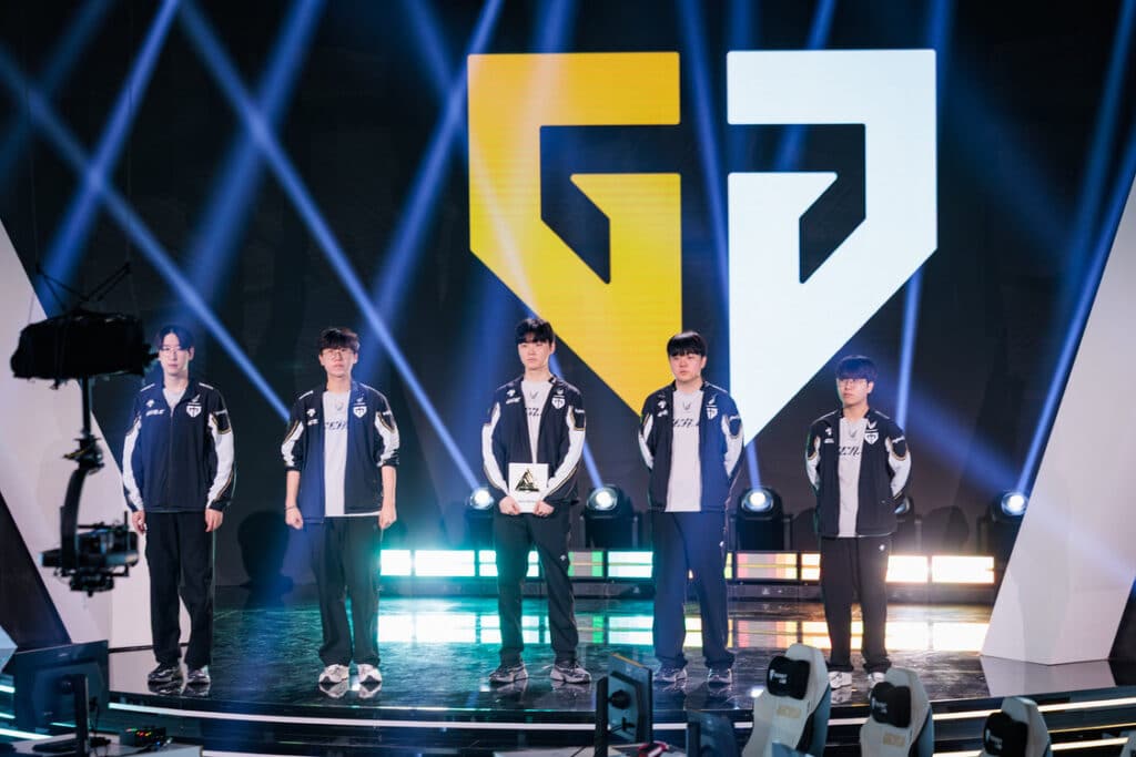 Gen.G stand in a line on the Esports World Cup stage with their logo projected behind them