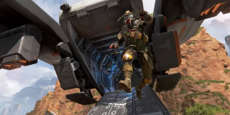 Apex Legends Ranked Drop Ship - a player is seen launching out of the ship at the start of the game in this image.