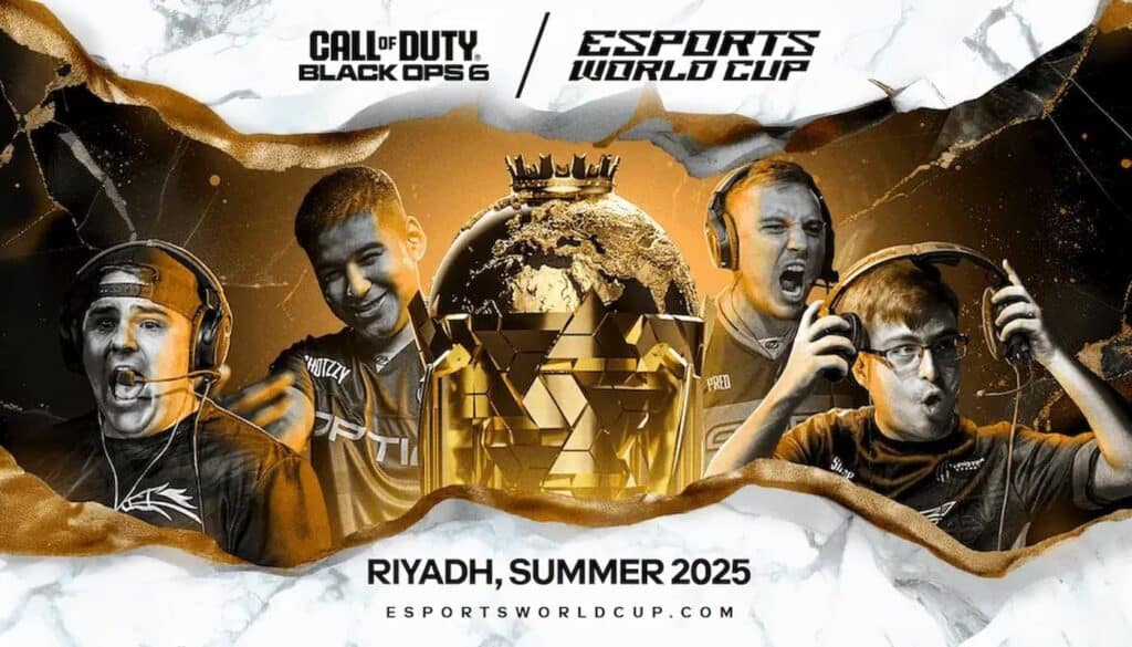 BO6 Esports World Cup promotional image showing players surrounding the Call of Duty Black Ops 6 trophy