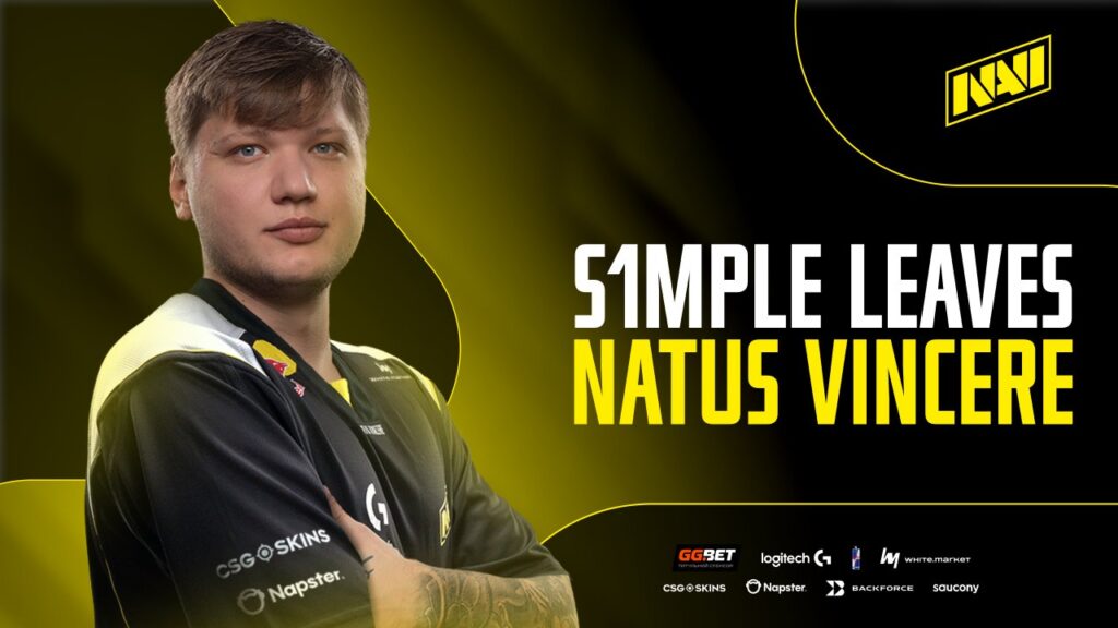 "s1mple leaves natus vincere' accompanied by an image of s1mple in a NAVI jersey