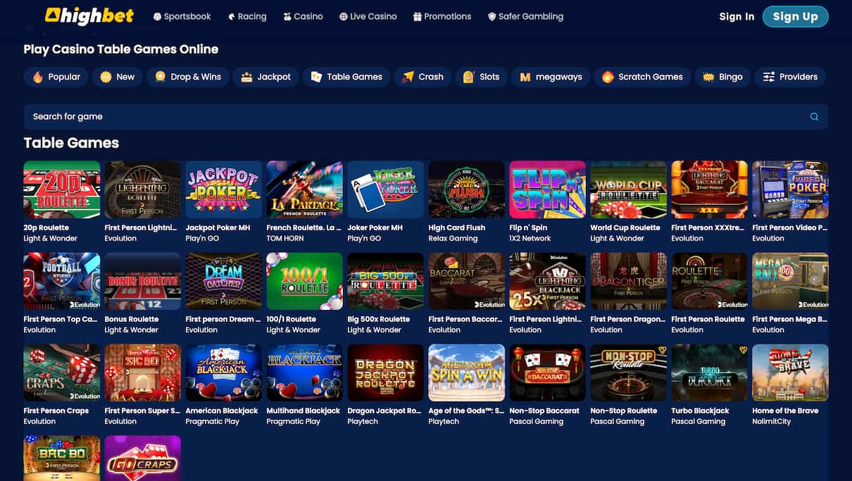 Highbet Table Games