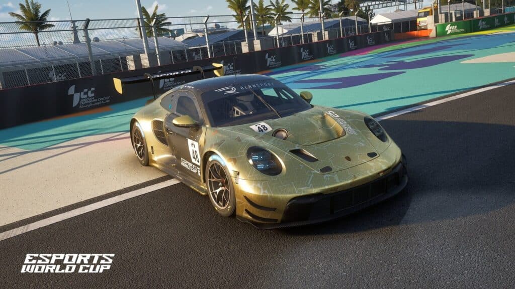 Esports World Cup Rennsport - a gold Porsche is pictured on the digital racetrack.