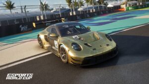 Esports World Cup Rennsport - a gold Porsche is pictured on the digital racetrack.