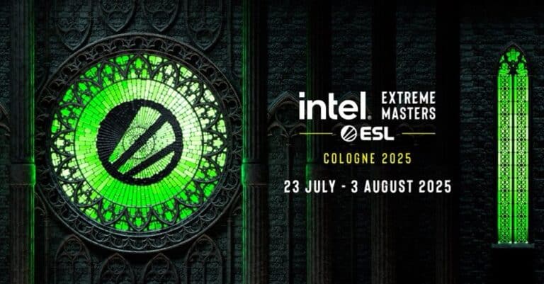 IEM Cologne 2025 graphic with dates 23 July - 3 August 2025 on a cathedral backdrop with green-lit windows.