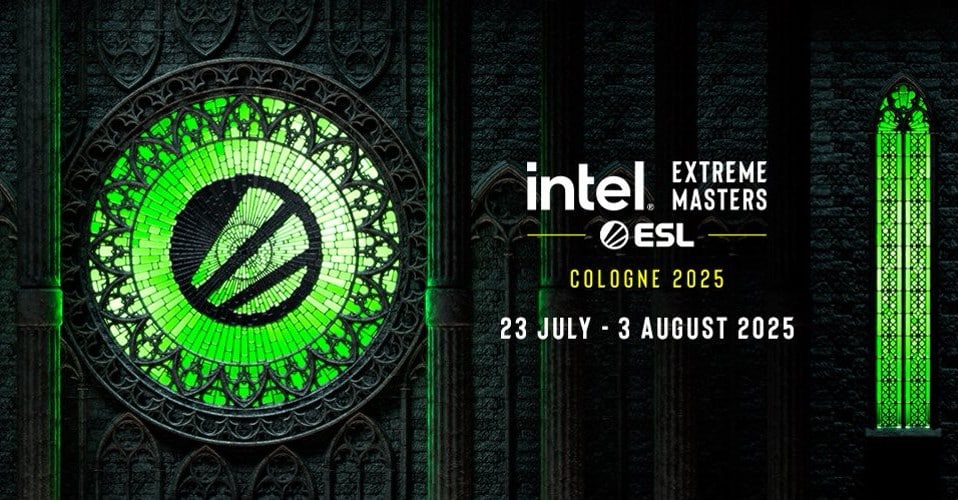IEM Cologne 2025 graphic with dates 23 July - 3 August 2025 on a cathedral backdrop with green-lit windows.