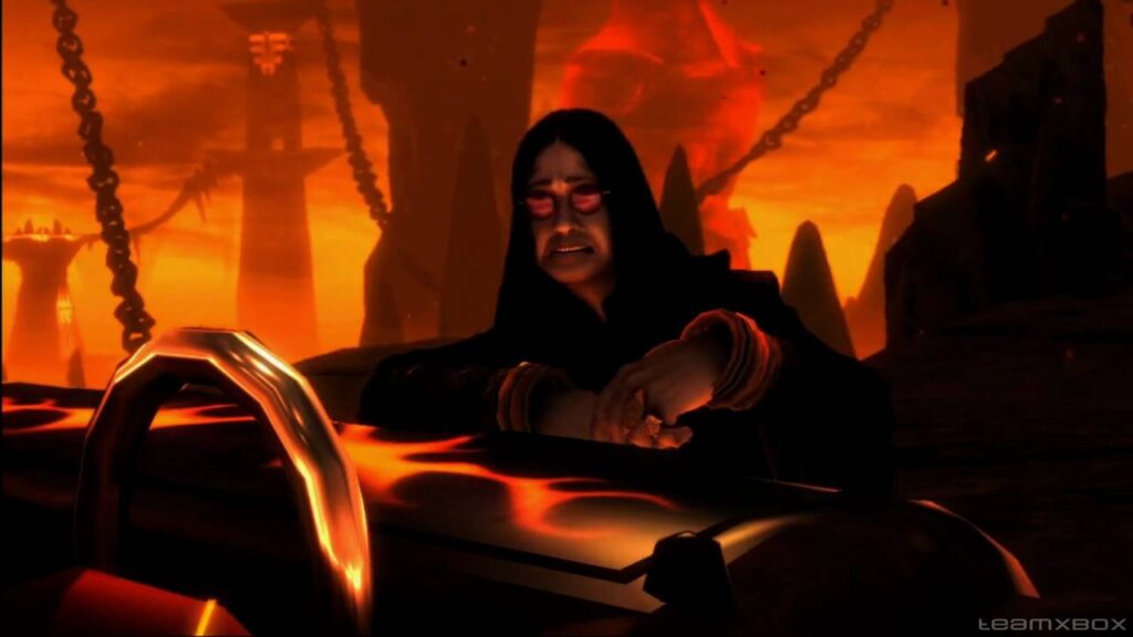 Brutal Legend's Ozzy Osbourne tribute - the metal singer features in the game, as shown in this image of Ozzy Osbourne in a car with a backdrop of fire, as animated for the Brutal Legends game