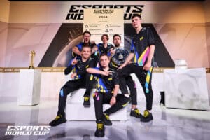 NAVI at the Esports World Cup CS2 tournament in 2024, posing with their trophy