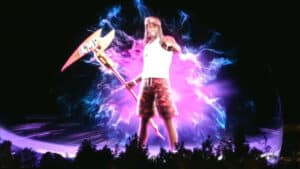 Kai Cenat Fortnite skin reveal on the Las Vegas Sphere, showing Kai Cenat's skin design holding a pickaxe against a purple backdrop