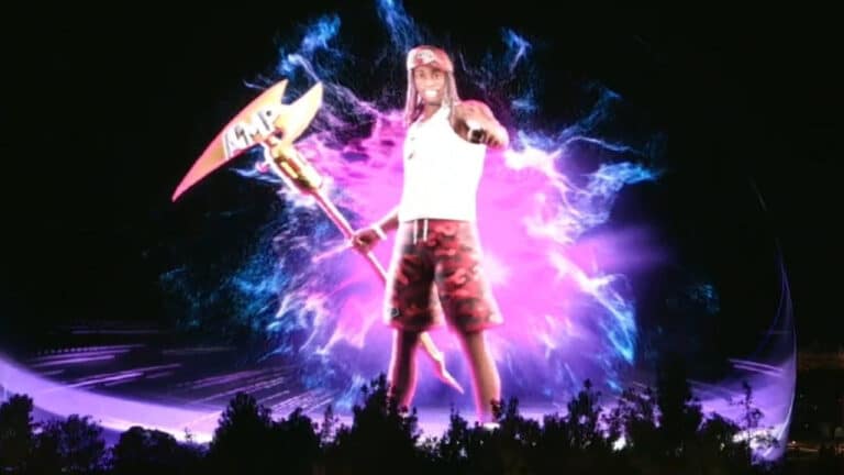 Kai Cenat Fortnite skin reveal on the Las Vegas Sphere, showing Kai Cenat's skin design holding a pickaxe against a purple backdrop