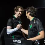 Zero embracing ImperialHal while playing on the Team Falcons Apex Legends roster at the ALGS Open 2025