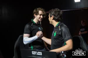 Zero embracing ImperialHal while playing on the Team Falcons Apex Legends roster at the ALGS Open 2025
