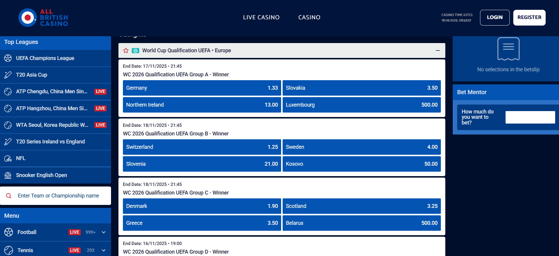 All British Casino Qualifiers Betting Markets