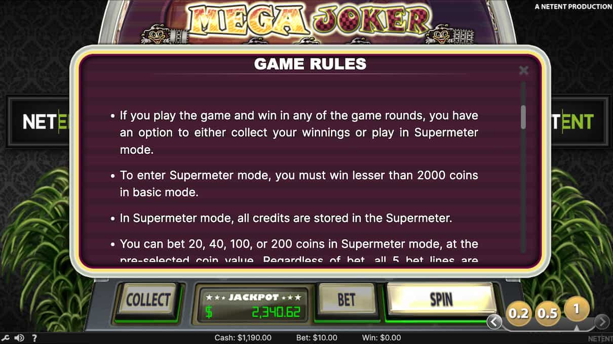 Mega Joker paytable