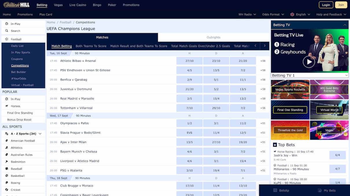 William Hill Champions League Betting Site