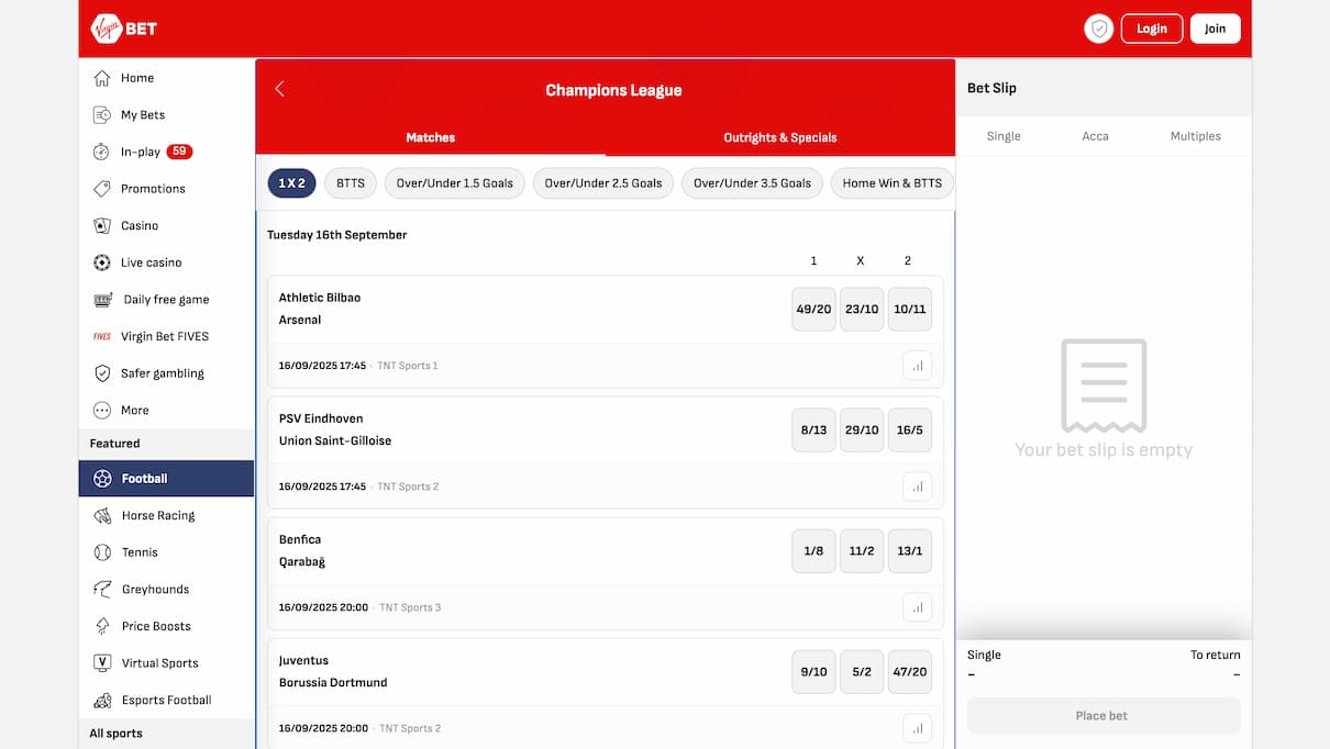 Virgin Bet Champions League Betting Site