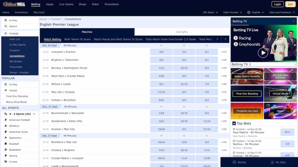William Hill Premier League Betting Site