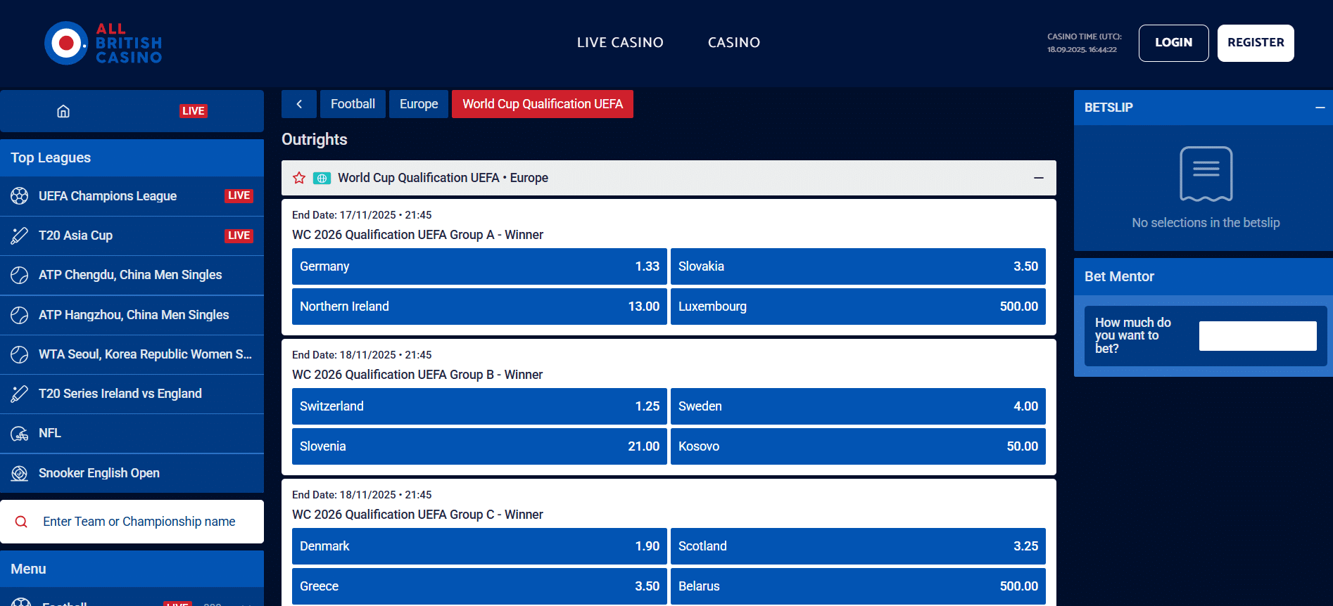 All British Casino World Cup Qualifiers Betting Sites