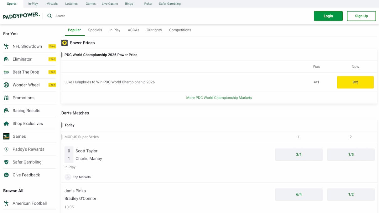 Paddy Power Darts Betting Site