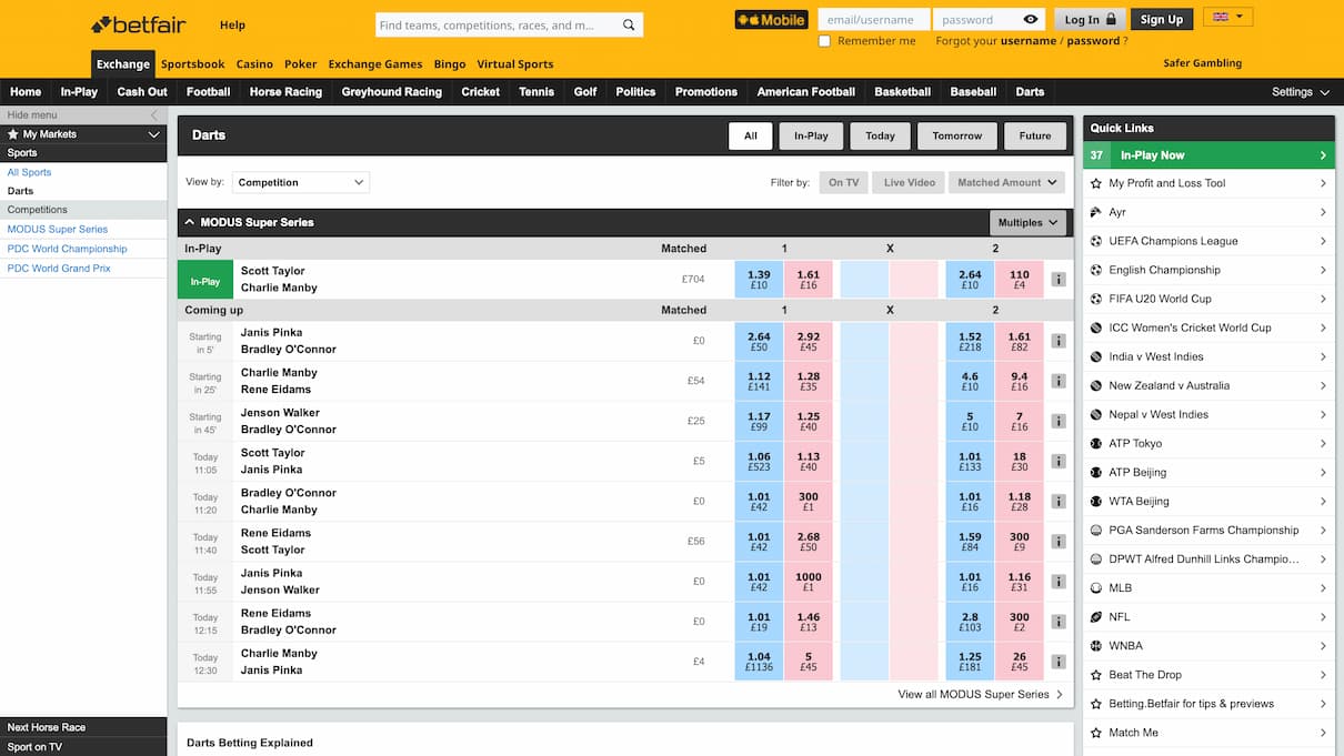 Betfair Darts Betting Site
