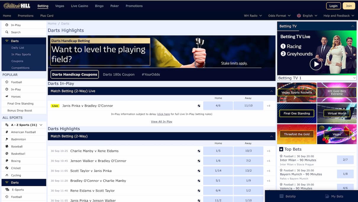 William Hill Darts Betting Site