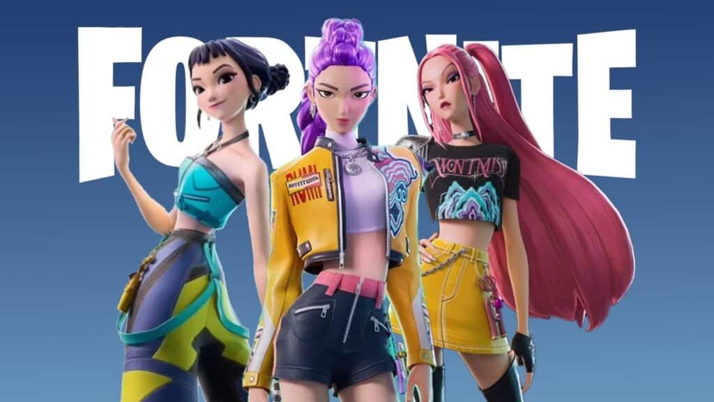 Kpop demon hunters Fortnite - the three main characters in the Netflix show stand in front of the Fortnite logo