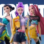 Kpop demon hunters Fortnite - the three main characters in the Netflix show stand in front of the Fortnite logo