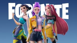 Kpop demon hunters Fortnite - the three main characters in the Netflix show stand in front of the Fortnite logo