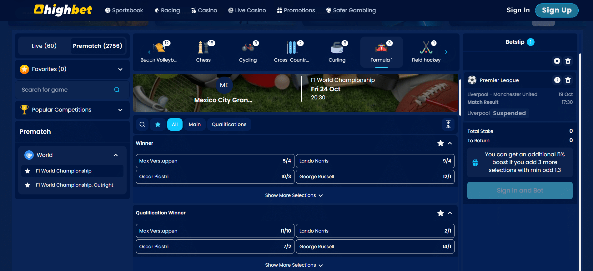 Highbet F1 Betting Markets