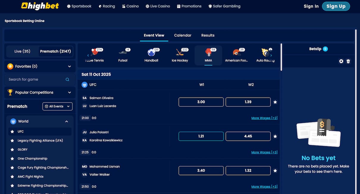 Highbet UFC betting site