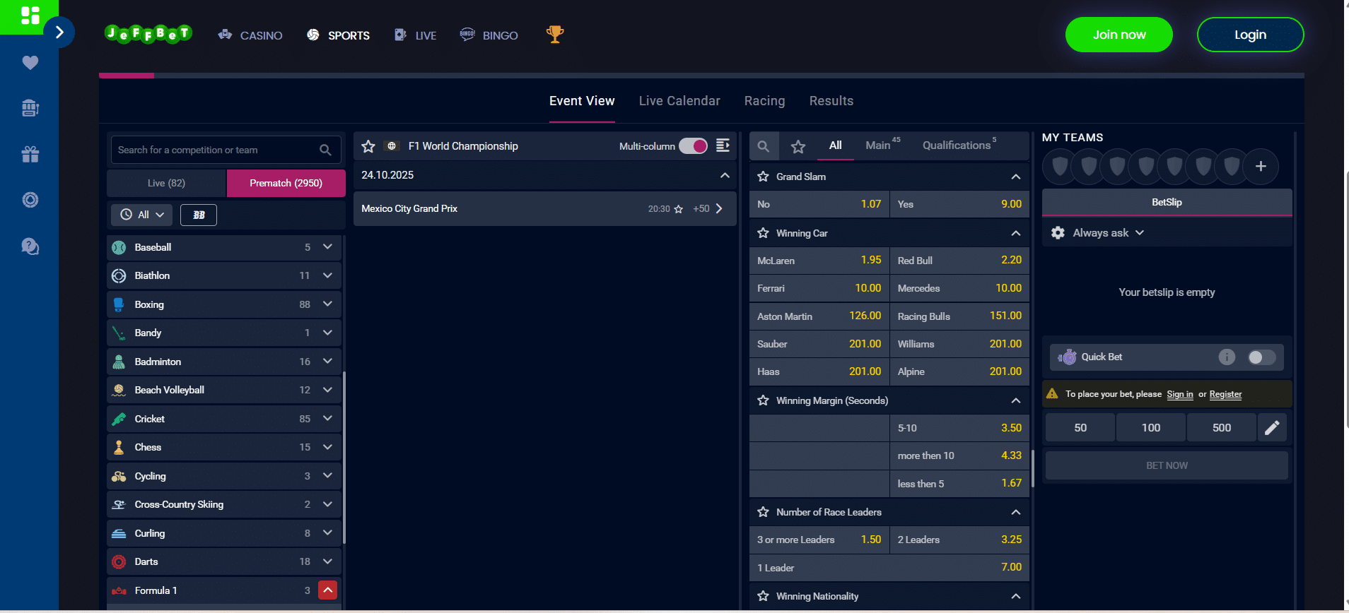 Jeffbet F1 Betting