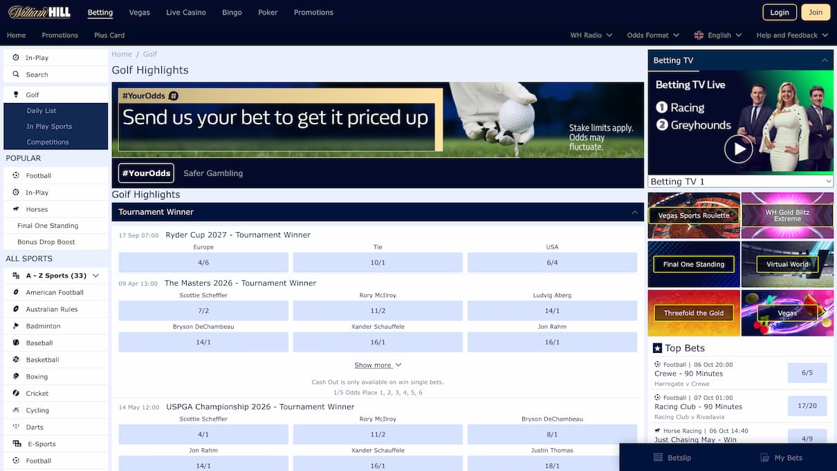 William Hill Best Golf Betting Site