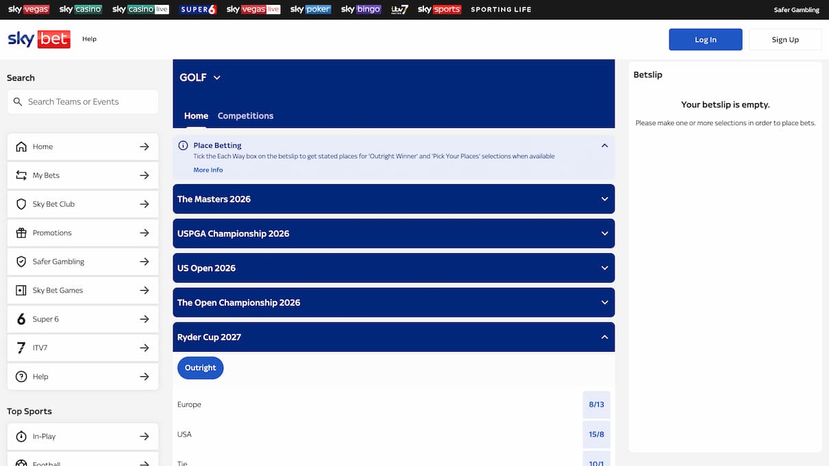 Sky Bet Best Golf Betting Site